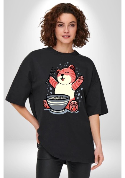 Noodle Yiyen Tatlı Kaplan Kadın Erkek Ön Baskılı Siyah Pamuklu Tişört Penye Klasik fırsatları