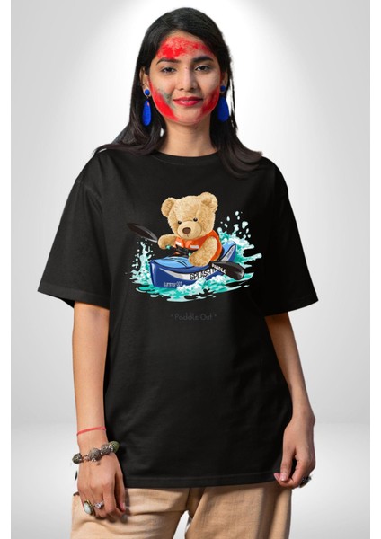 Kanocu Tatlı Oyuncak Ayı Kadın Erkek Ön Baskılı Siyah Pamuklu Tişört Penye Klasik fiyatları