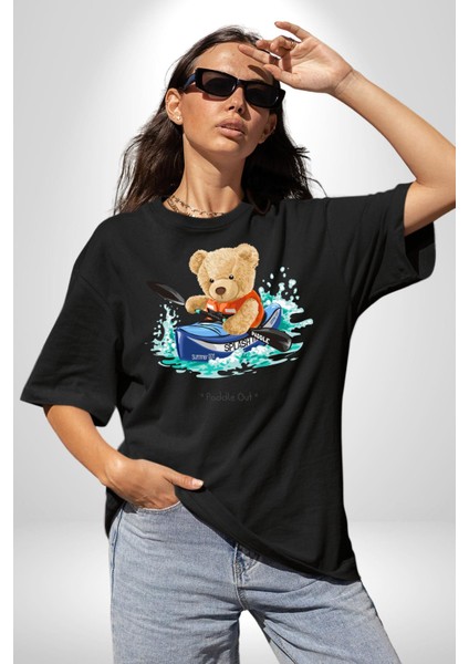 Kanocu Tatlı Oyuncak Ayı Kadın Erkek Ön Baskılı Siyah Pamuklu Tişört Penye Klasik modelleri