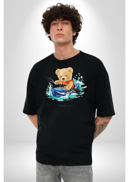 Kanocu Tatlı Oyuncak Ayı Kadın Erkek Ön Baskılı Siyah Pamuklu Tişört Penye Klasik fırsatları