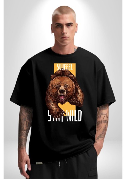 Vahşi Kal Saldırgan Ayı Kadın Erkek Ön Baskılı Siyah Pamuklu Tişört Penye Klasik