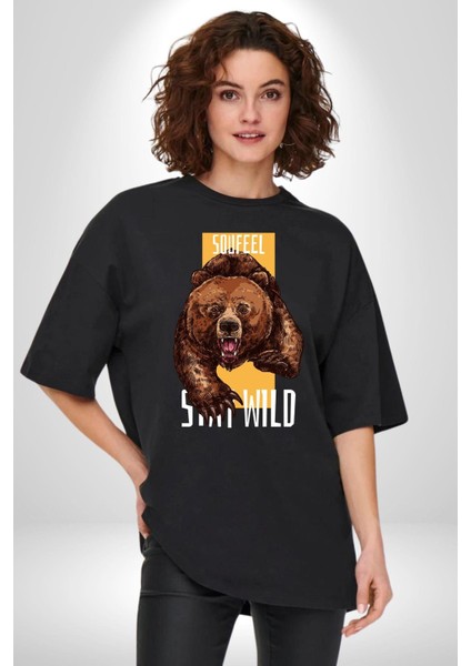 Vahşi Kal Saldırgan Ayı Kadın Erkek Ön Baskılı Siyah Pamuklu Tişört Penye Klasik modelleri