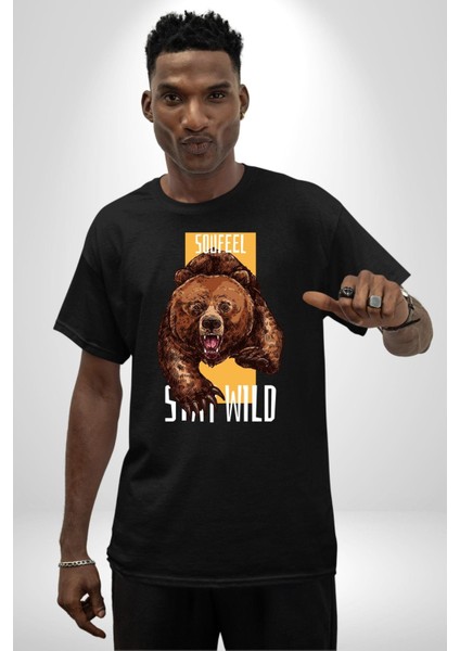 Vahşi Kal Saldırgan Ayı Kadın Erkek Ön Baskılı Siyah Pamuklu Tişört Penye Klasik fırsatları