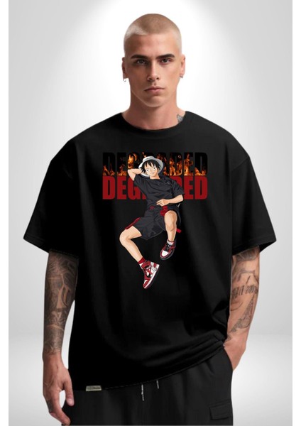 Monkey D Luffy Sokak Tarzı Kadın Erkek Ön Baskılı Siyah Pamuklu Tişört Penye Klasik