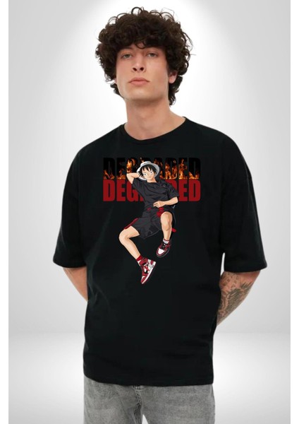 Monkey D Luffy Sokak Tarzı Kadın Erkek Ön Baskılı Siyah Pamuklu Tişört Penye Klasik modelleri