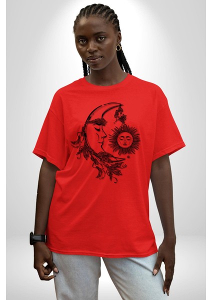 Güneş ve Ay Tarot Kadın Erkek Ön Baskılı Kırmızı Pamuklu Tişört Penye Klasik fiyatları