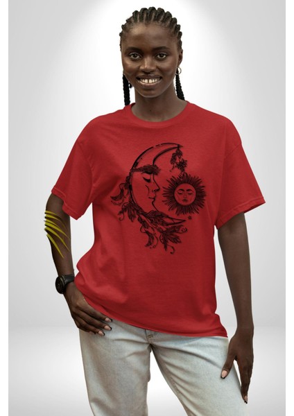 Güneş ve Ay Tarot Kadın Erkek Ön Baskılı Kırmızı Pamuklu Tişört Penye Klasik fırsatları
