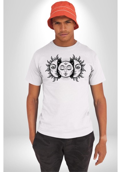Güneşten Doğan Ay Astral Kadın Erkek Ön Baskılı Beyaz Pamuklu Tişört Penye Klasik