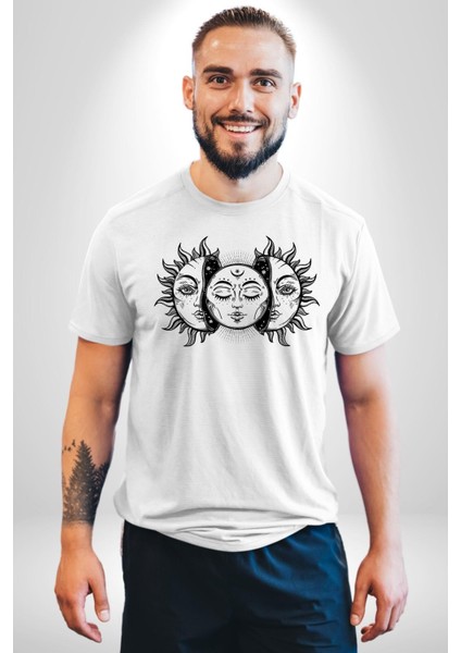 Güneşten Doğan Ay Astral Kadın Erkek Ön Baskılı Beyaz Pamuklu Tişört Penye Klasik fiyatları