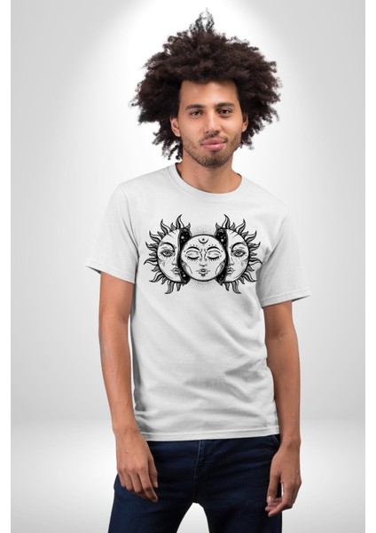 Güneşten Doğan Ay Astral Kadın Erkek Ön Baskılı Beyaz Pamuklu Tişört Penye Klasik modelleri