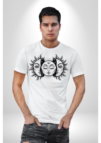 Güneşten Doğan Ay Astral Kadın Erkek Ön Baskılı Beyaz Pamuklu Tişört Penye Klasik indirimleri