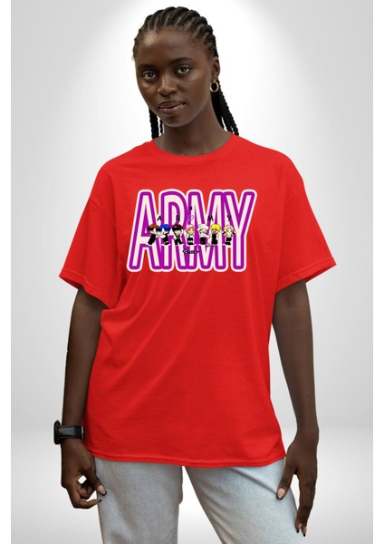 Bts Army Fan Tasarım Kadın Erkek Ön Baskılı Kırmızı Pamuklu Tişört Penye Klasik fiyatları