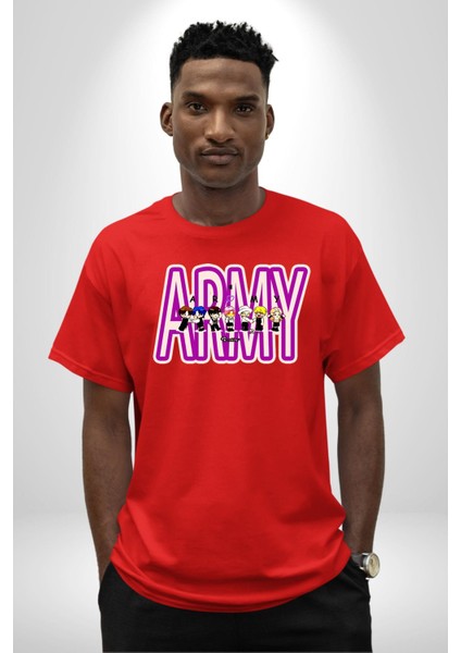 Bts Army Fan Tasarım Kadın Erkek Ön Baskılı Kırmızı Pamuklu Tişört Penye Klasik modelleri
