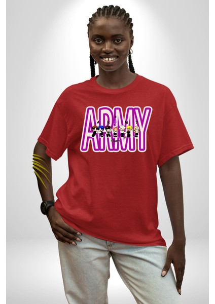 Bts Army Fan Tasarım Kadın Erkek Ön Baskılı Kırmızı Pamuklu Tişört Penye Klasik fırsatları