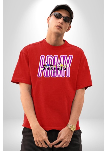 Bts Army Fan Tasarım Kadın Erkek Ön Baskılı Kırmızı Pamuklu Tişört Penye Klasik indirimleri
