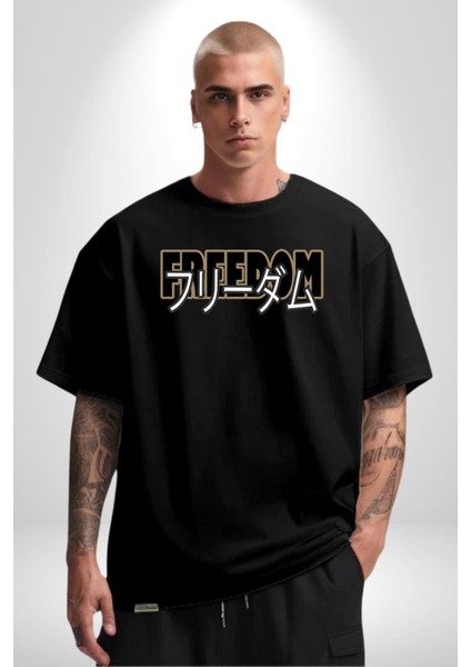 Özgürlük Japonca Yazı Kadın Erkek Ön Baskılı Siyah Pamuklu Tişört Penye Klasik
