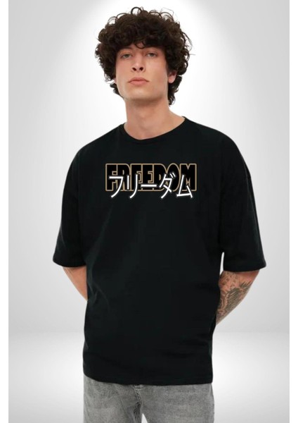 Özgürlük Japonca Yazı Kadın Erkek Ön Baskılı Siyah Pamuklu Tişört Penye Klasik modelleri