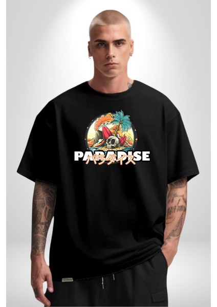 Cennet Iskelet Adam Ada Kadın Erkek Ön Baskılı Siyah Pamuklu Tişört Penye Klasik