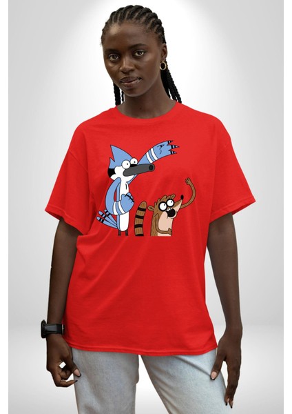 Sürekli Dizi Mordecai ve Rigby Kadın Erkek Ön Baskılı Kırmızı Pamuklu Tişört Penye Klasik