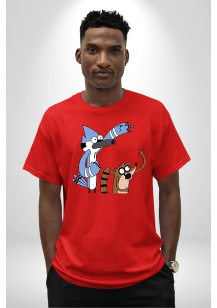 Sürekli Dizi Mordecai ve Rigby Kadın Erkek Ön Baskılı Kırmızı Pamuklu Tişört Penye Klasik fiyatları