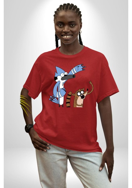 Sürekli Dizi Mordecai ve Rigby Kadın Erkek Ön Baskılı Kırmızı Pamuklu Tişört Penye Klasik modelleri