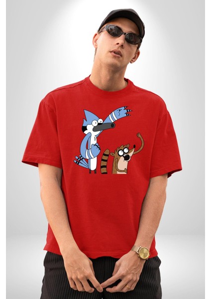 Sürekli Dizi Mordecai ve Rigby Kadın Erkek Ön Baskılı Kırmızı Pamuklu Tişört Penye Klasik fırsatları