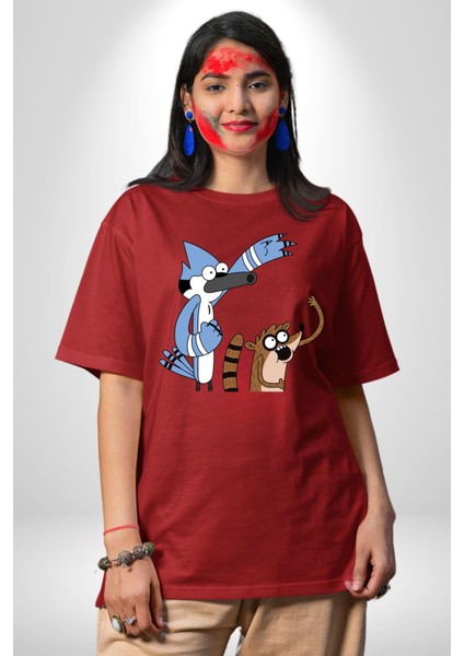 Sürekli Dizi Mordecai ve Rigby Kadın Erkek Ön Baskılı Kırmızı Pamuklu Tişört Penye Klasik indirimleri