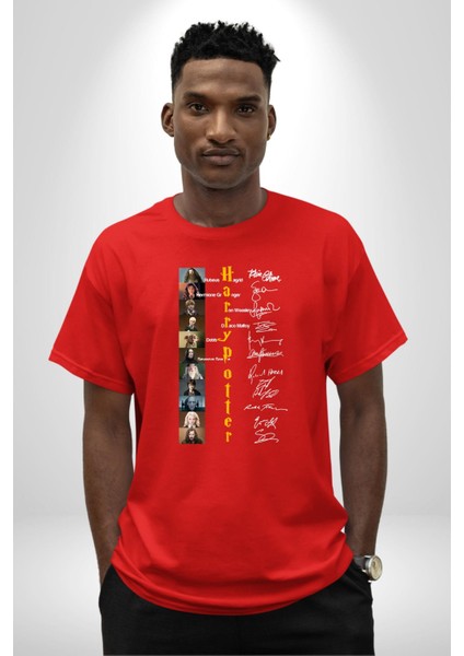 Efsane Film Serisi Ünlü Oyuncu Imzaları Kadın Erkek Ön Baskılı Kırmızı Pamuklu Tişört Penye Klasik