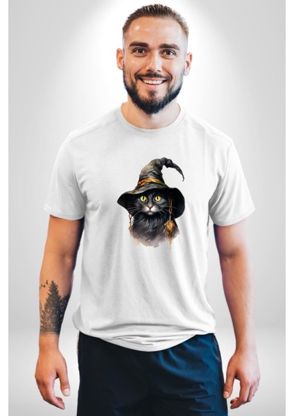 Cadı Mistik Şapkalı Kedi Kadın Erkek Ön Baskılı Beyaz Pamuklu Tişört Penye Klasik