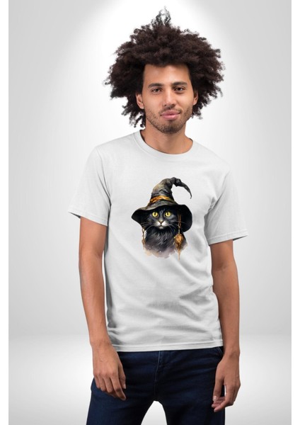 Cadı Mistik Şapkalı Kedi Kadın Erkek Ön Baskılı Beyaz Pamuklu Tişört Penye Klasik fiyatları