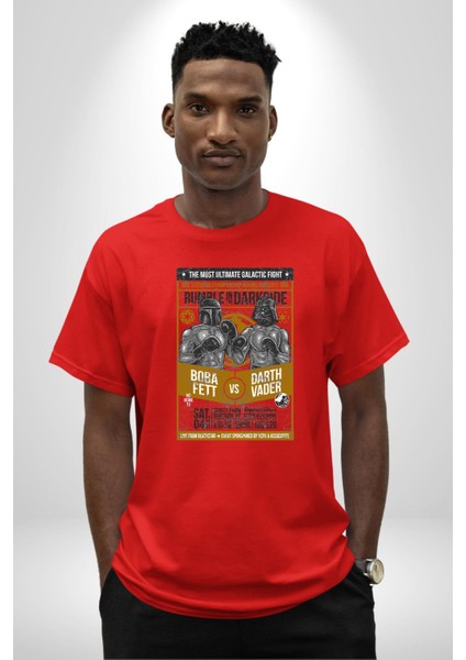 Boba Fett Darth Vader Boks Müsabakası Kadın Erkek Ön Baskılı Kırmızı Pamuklu Tişört Penye Klasik fırsatları