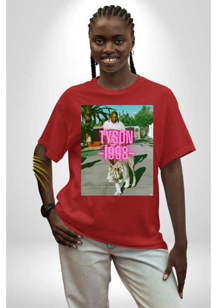 Mike Tyson Boks Efsanesi Kadın Erkek Ön Baskılı Kırmızı Pamuklu Tişört Penye Klasik