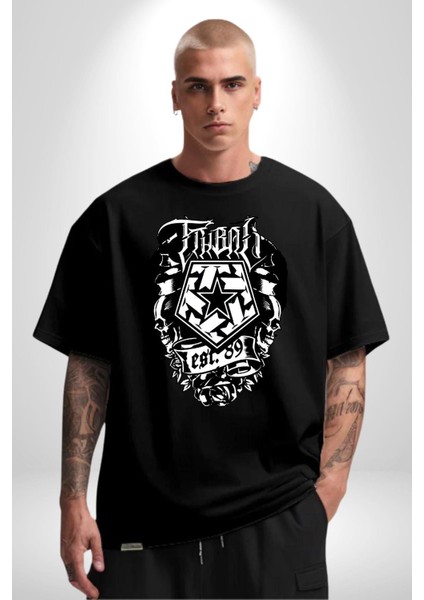 Tribal Gear Logo Kadın Erkek Ön Baskılı Siyah Pamuklu Tişört Penye Klasik