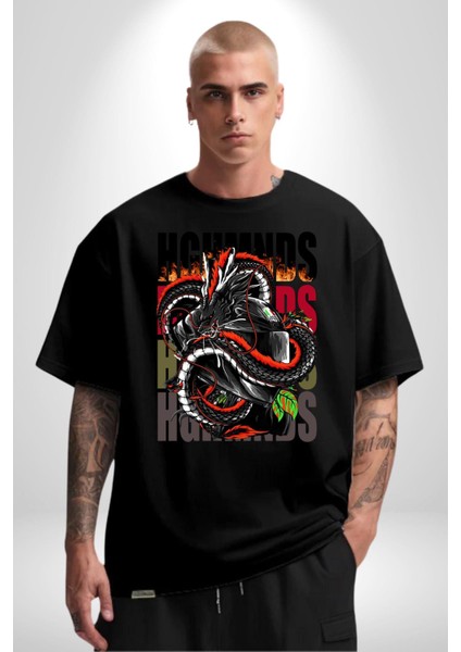 Italyan Motoru ve Ejderha Kadın Erkek Ön Baskılı Siyah Pamuklu Tişört Penye Klasik