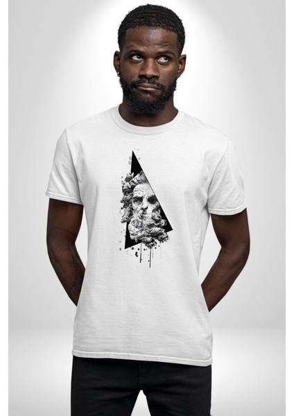 Kuru Kafa Heykel Üçgen Sanatsal Kadın Erkek Ön Baskılı Beyaz Pamuklu Tişört Penye Klasik