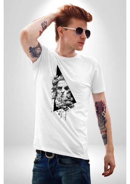 Kuru Kafa Heykel Üçgen Sanatsal Kadın Erkek Ön Baskılı Beyaz Pamuklu Tişört Penye Klasik modelleri