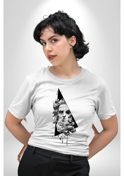 Kuru Kafa Heykel Üçgen Sanatsal Kadın Erkek Ön Baskılı Beyaz Pamuklu Tişört Penye Klasik fırsatları