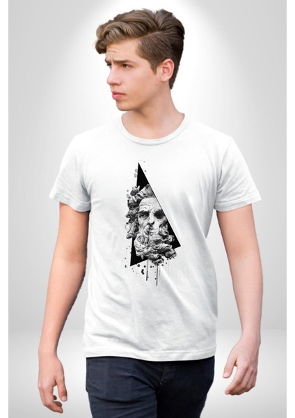 Kuru Kafa Heykel Üçgen Sanatsal Kadın Erkek Ön Baskılı Beyaz Pamuklu Tişört Penye Klasik indirimleri