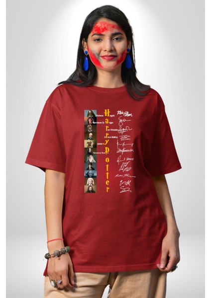 Efsane Film Serisi Ünlü Oyuncu Imzaları Kadın Erkek Ön Baskılı Kırmızı Pamuklu Tişört Penye Klasik fırsatları