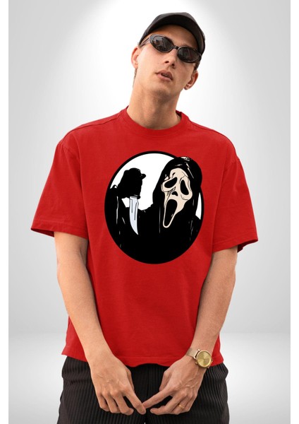 Çığlık Amerikan Korku Karakteri Kadın Erkek Ön Baskılı Kırmızı Pamuklu Tişört Penye Klasik