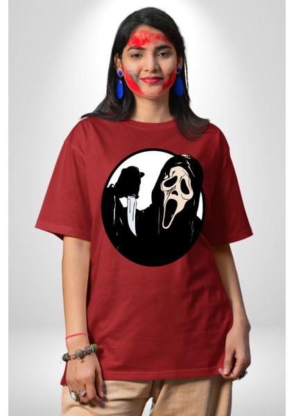 Çığlık Amerikan Korku Karakteri Kadın Erkek Ön Baskılı Kırmızı Pamuklu Tişört Penye Klasik fiyatları
