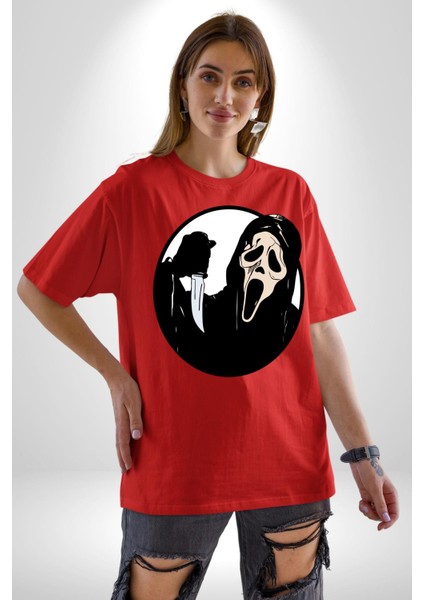 Çığlık Amerikan Korku Karakteri Kadın Erkek Ön Baskılı Kırmızı Pamuklu Tişört Penye Klasik modelleri