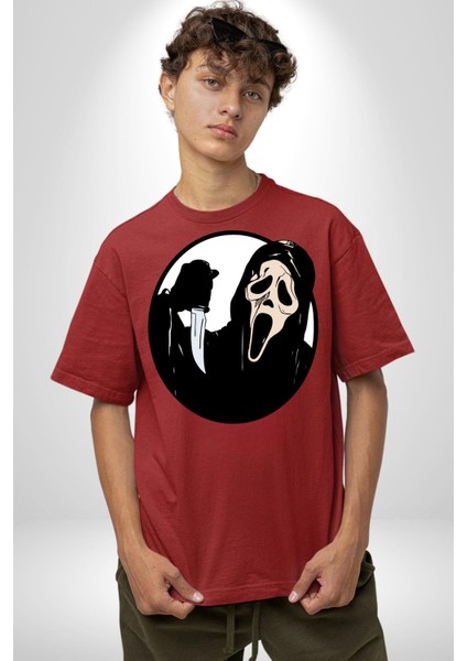 Çığlık Amerikan Korku Karakteri Kadın Erkek Ön Baskılı Kırmızı Pamuklu Tişört Penye Klasik fırsatları