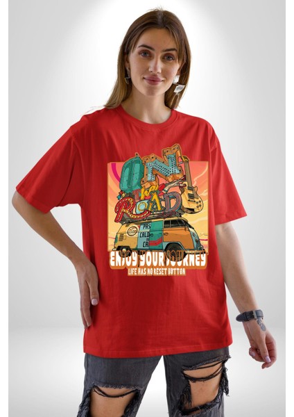 Yolculuğun Tadını Çıkart Barış Vosvosu Kadın Erkek Ön Baskılı Kırmızı Pamuklu Tişört Penye Klasik