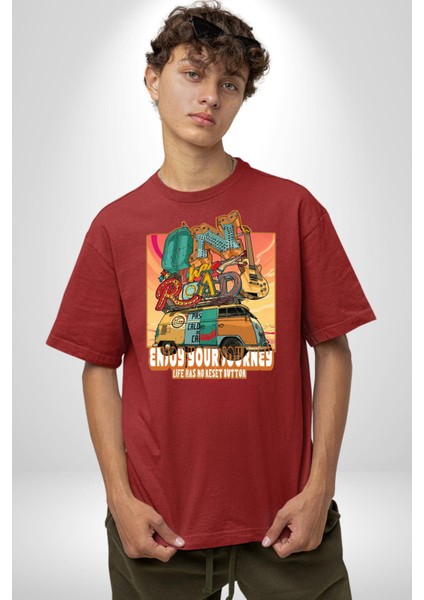 Yolculuğun Tadını Çıkart Barış Vosvosu Kadın Erkek Ön Baskılı Kırmızı Pamuklu Tişört Penye Klasik fiyatları