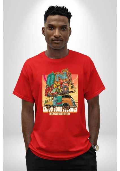 Yolculuğun Tadını Çıkart Barış Vosvosu Kadın Erkek Ön Baskılı Kırmızı Pamuklu Tişört Penye Klasik fırsatları