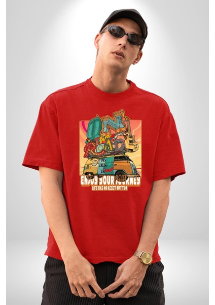 Yolculuğun Tadını Çıkart Barış Vosvosu Kadın Erkek Ön Baskılı Kırmızı Pamuklu Tişört Penye Klasik indirimleri