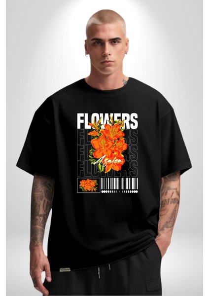 Çiçekler Nezaket Sokak Tarzı Kadın Erkek Ön Baskılı Siyah Pamuklu Tişört Penye Klasik