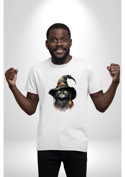 Cadı Mistik Şapkalı Kedi Kadın Erkek Ön Baskılı Beyaz Pamuklu Tişört Penye Klasik modelleri