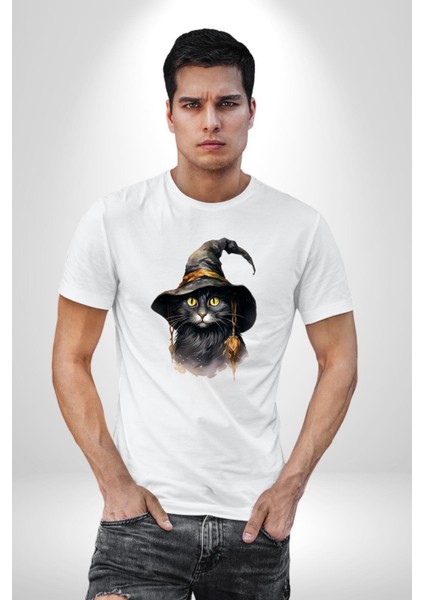 Cadı Mistik Şapkalı Kedi Kadın Erkek Ön Baskılı Beyaz Pamuklu Tişört Penye Klasik fırsatları